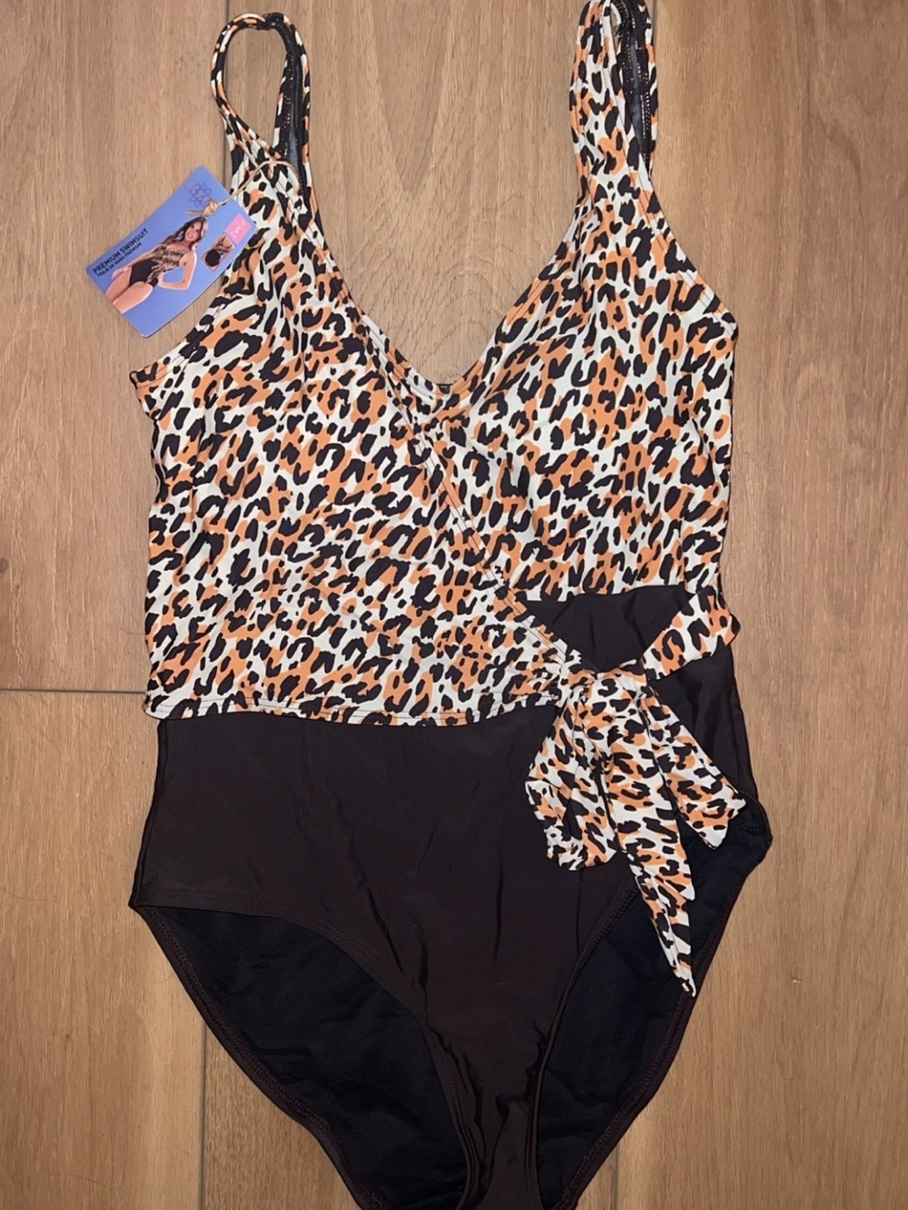 Leopard Print Wrap One-Piece Swimsuit in Black and Tan